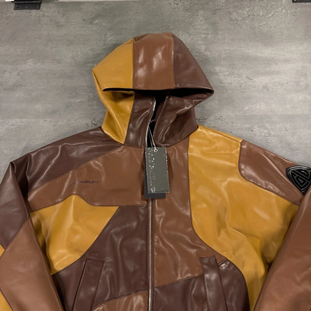 Cold Culture Route Jacket M Brown Colorblock Hooded Bomber $189 Vegan Leather